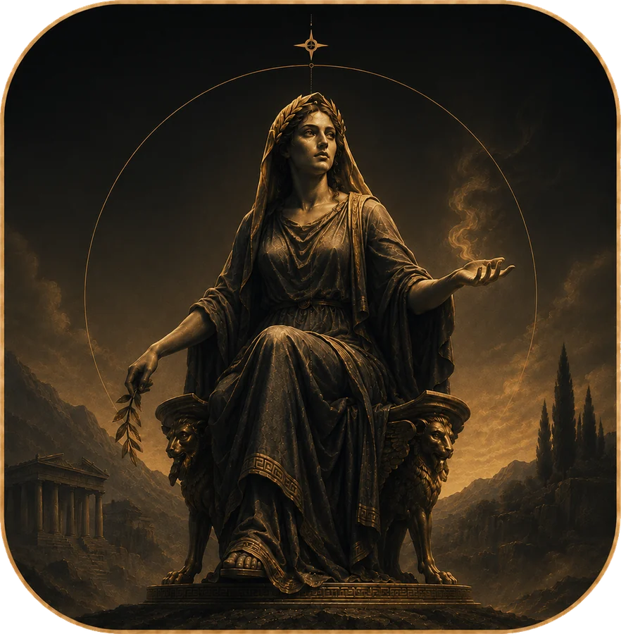 The oracle of Apollo enthroned at Delphi between winged lions, a laurel branch in one hand and the vapour of prophecy rising from the other, a star above