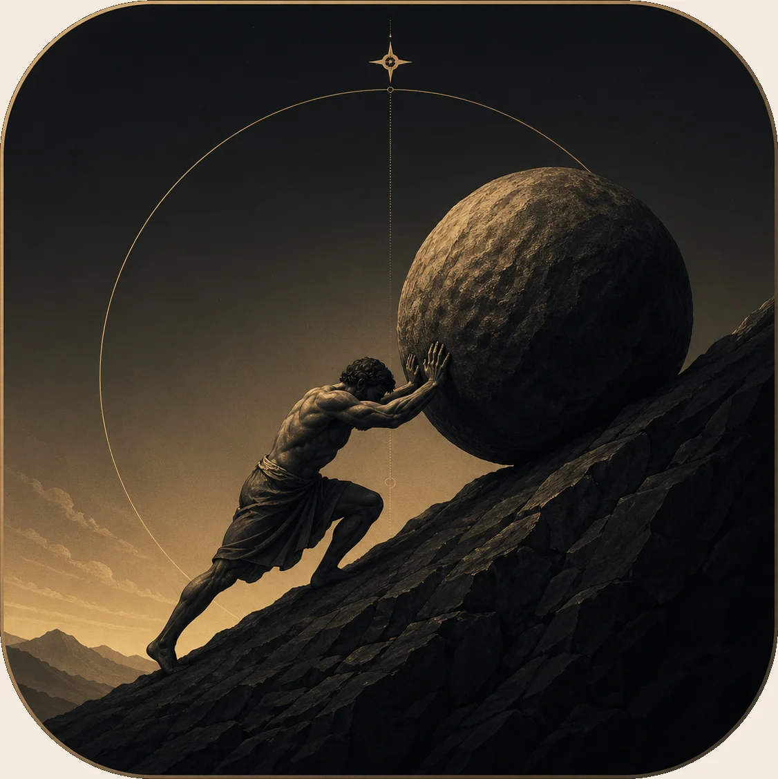 Sisyphus pushing a boulder uphill